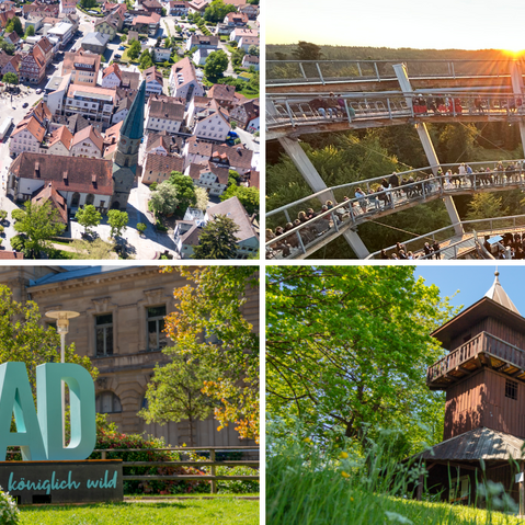Vierteilige Collage mit Luftaufnahme von Gaildorf oben links, Panoramaaufnahme des Kernerturms Gaildorf mit Sonnenuntergang oben rechts, großem Schriftzug 'Bad Wildbad' vor einem historischen Gebäude unten links und Holzturm in grüner Umgebung unten rechts.