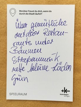 Postkarte mit Ideen von Besucher:innen des Bauwagens im Rahmen des Projekts SPIEL:RAUM der KulturRegion Stuttgart 2021-2022
