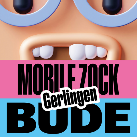 Illustration eines Gesichts mit offenem Mund und zwei sichtbaren Zähnen über dem Schriftzug 'MOBILE ZOCK BUDE' mit dem Zusatz 'Gerlingen'