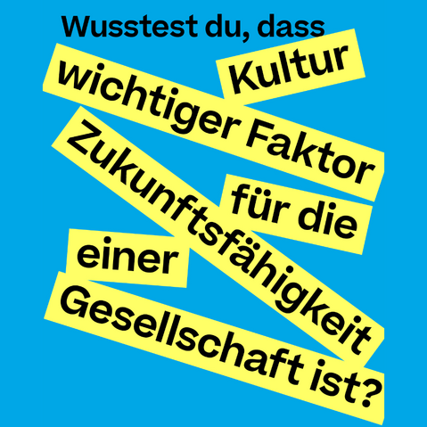 Blauer Hintergrund mit gelben Textfeldern, die den Satz bilden: 'Wusstest du, dass Kultur wichtiger Faktor für die Zukunftsfähigkeit einer Gesellschaft ist?'
