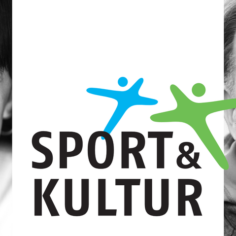 SchwarzweissPortraits von Rocio Alemán und Alexander Zorniger mit dem Logo von »Sport und Kultur« in der Mitte.
