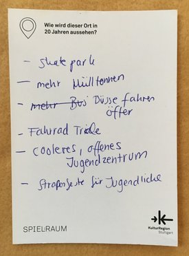 Postkarte mit Ideen von Besucher:innen des Bauwagens im Rahmen des Projekts SPIEL:RAUM der KulturRegion Stuttgart 2021-2022