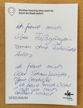 Postkarte mit Ideen von Besucher:innen des Bauwagens im Rahmen des Projekts SPIEL:RAUM der KulturRegion Stuttgart 2021-2022
