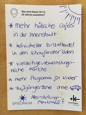 Postkarte mit Ideen von Besucher:innen des Bauwagens im Rahmen des Projekts SPIEL:RAUM der KulturRegion Stuttgart 2021-2022