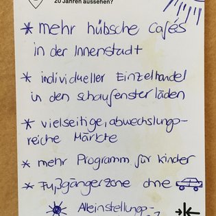 Postkarte mit Ideen von Besucher:innen des Bauwagens im Rahmen des Projekts SPIEL:RAUM der KulturRegion Stuttgart 2021-2022