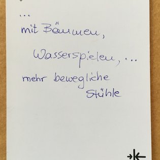 Postkarte mit Ideen von Besucher:innen des Bauwagens im Rahmen des Projekts SPIEL:RAUM der KulturRegion Stuttgart 2021-2022