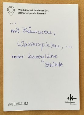Postkarte mit Ideen von Besucher:innen des Bauwagens im Rahmen des Projekts SPIEL:RAUM der KulturRegion Stuttgart 2021-2022