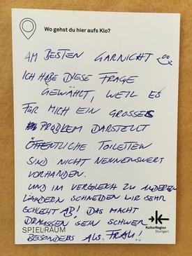 Postkarte mit Ideen von Besucher:innen des Bauwagens im Rahmen des Projekts SPIEL:RAUM der KulturRegion Stuttgart 2021-2022