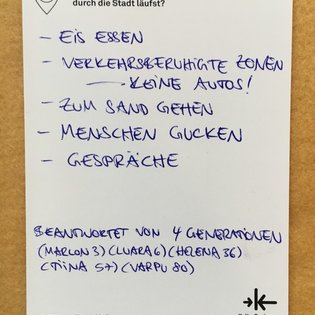 Postkarte mit Ideen von Besucher:innen des Bauwagens im Rahmen des Projekts SPIEL:RAUM der KulturRegion Stuttgart 2021-2022
