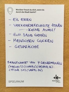 Postkarte mit Ideen von Besucher:innen des Bauwagens im Rahmen des Projekts SPIEL:RAUM der KulturRegion Stuttgart 2021-2022