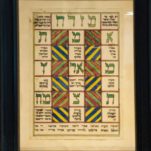 Handgemaltes hebräisches Gebetstableau in einem schwarzen Holzrahmen. Der Text ist in Felder unterteilt, viele davon sind farbig gestaltet mit diagonalen Streifen in Rot, Grün, Gelb und Blau. In den weißen Feldern stehen große hebräische Buchstaben, vermutlich mit spiritueller oder mystischer Bedeutung.