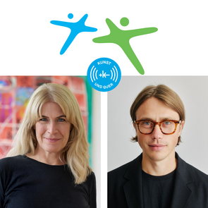 Zwei Personen im Porträt: links eine blonde Frau vor farbigem Hintergrund, rechts ein Mann mit Brille vor hellem Hintergrund. Oben bunte Figuren und ein Podcast-Symbol.