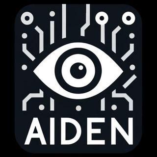 AIDEN: Schwarz-weißes Logo mit stilisiertem Auge und Schaltkreismuster sowie dem Schriftzug 'AIDEN' darunter
