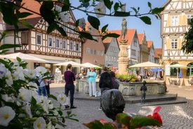 Blick auf einen Brunnden. Davor stehen Menschen, die an einer Stadtführung teilnehmen.