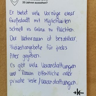 Postkarte mit Ideen von Besucher:innen des Bauwagens im Rahmen des Projekts SPIEL:RAUM der KulturRegion Stuttgart 2021-2022