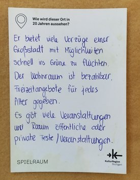 Postkarte mit Ideen von Besucher:innen des Bauwagens im Rahmen des Projekts SPIEL:RAUM der KulturRegion Stuttgart 2021-2022