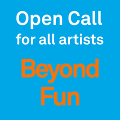 Grafik mit blauem Hintergrund und dem Text: Open Call for all artists. BEYOND FUN