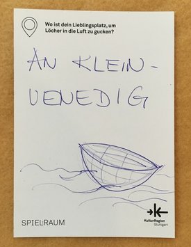 Postkarte mit Ideen von Besucher:innen des Bauwagens im Rahmen des Projekts SPIEL:RAUM der KulturRegion Stuttgart 2021-2022