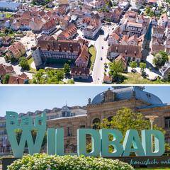 Zweiteilige Collage mit Luftaufnahme von Gaildorf oben, Panoramaaufnahme und großem Schriftzug 'Bad Wildbad' vor einem historischen Gebäude unten.
