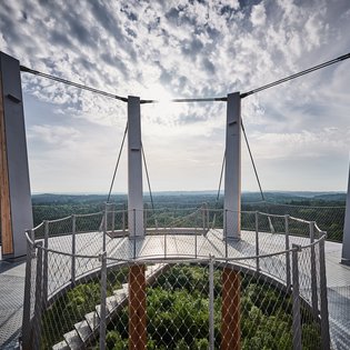 Blick durch die Säulen des Turms hindurch auf Wälder und den leicht mit Wolken behangenen Himmel.
