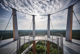 Blick durch die Säulen des Turms hindurch auf Wälder und den leicht mit Wolken behangenen Himmel.