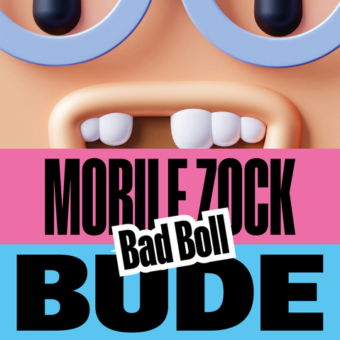 Nahaufnahme eines stilisierten Gesichts mit großen Augen und zwei hervorstehenden Zähnen über dem Text 'MOBILE ZOCK Bad Boll BUDE'