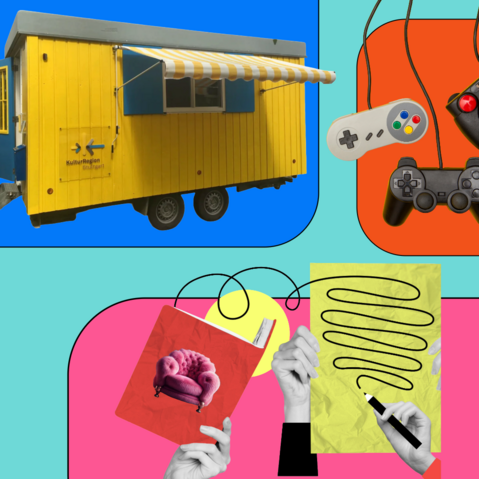 Gelber Bauwagen mit Markise auf blauem Hintergrund, daneben Spielecontroller, Hände mit Buch und Stift auf bunten Flächen.