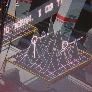 Futuristische, digitale Benutzeroberfläche mit 3D-Drahtgittermodellen von Bergen oder Spitzen auf einem Raster. Zwei Punkte sind markiert als „Tension Point 1“ und „Tension Point 2“. Kabel verlaufen quer über das Bild, und es sind gelb-schwarz gestreifte Sicherheitsmarkierungen an den Kanten zu sehen. Im Hintergrund ist Text sichtbar, darunter „WATER BASIC OCEAN“