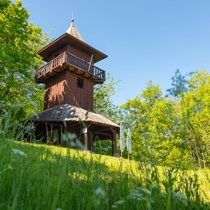 Holzturm mit umlaufendem Balkon auf einer Wiese umgeben von Bäumen