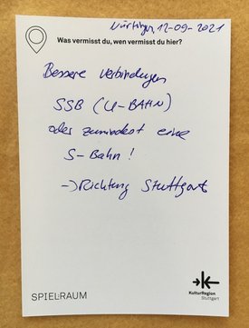Postkarte mit Ideen von Besucher:innen des Bauwagens im Rahmen des Projekts SPIEL:RAUM der KulturRegion Stuttgart 2021-2022