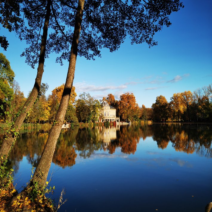 Blick über den See auf Monrepos