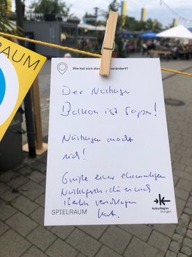 Postkarte mit Ideen von Besucher:innen des Bauwagens im Rahmen des Projekts SPIEL:RAUM der KulturRegion Stuttgart 2021-2022
