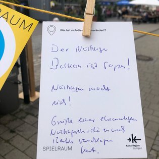 Postkarte mit Ideen von Besucher:innen des Bauwagens im Rahmen des Projekts SPIEL:RAUM der KulturRegion Stuttgart 2021-2022