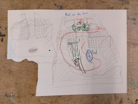 Zwei handgezeichnete Skizzen auf weißem Papier mit Linien, Formen und handschriftlichen Notizen, darunter ein Boot und ein Fahrrad, auf einem Holztisch liegend.