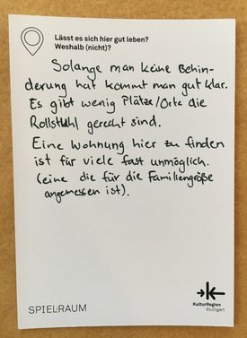 Postkarte mit Ideen von Besucher:innen des Bauwagens im Rahmen des Projekts SPIEL:RAUM der KulturRegion Stuttgart 2021-2022