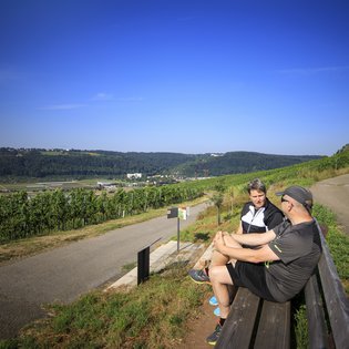 Zwei Personen - möglicherweise ien Paar - sitzen auf einer Bank und unterhalten sich. Im Hintergrund sind Weinberge und ein Ort zu sehen.
