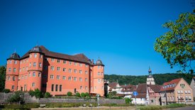 Aussenansicht Schloss Bartenau vor blauem Himmel