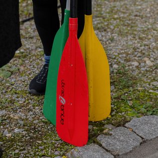 Bild von drei Paddeln in unterschiedlichen Farben.