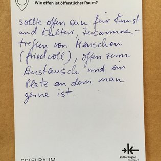 Postkarte mit Ideen von Besucher:innen des Bauwagens im Rahmen des Projekts SPIEL:RAUM der KulturRegion Stuttgart 2021-2022