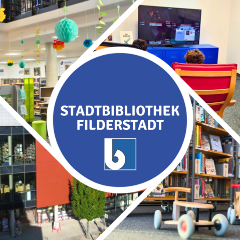 Collage aus Fotos von verschiedenen Bereichen der Bibliothek. In der Mitte ein blauer Kreis mit der Aufschrift: Stadtbibliothek Filderstadt