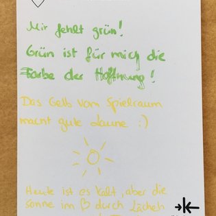 Postkarte mit Ideen von Besucher:innen des Bauwagens im Rahmen des Projekts SPIEL:RAUM der KulturRegion Stuttgart 2021-2022