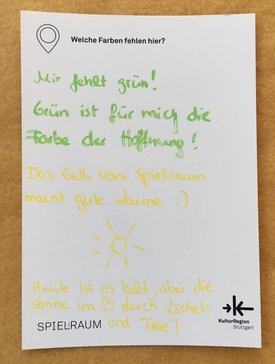 Postkarte mit Ideen von Besucher:innen des Bauwagens im Rahmen des Projekts SPIEL:RAUM der KulturRegion Stuttgart 2021-2022