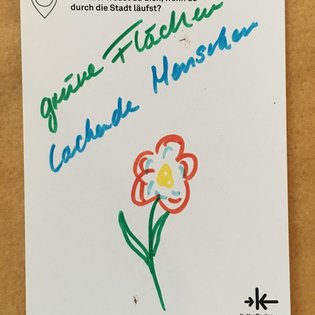 Postkarte mit Ideen von Besucher:innen des Bauwagens im Rahmen des Projekts SPIEL:RAUM der KulturRegion Stuttgart 2021-2022