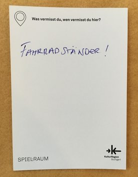 Postkarte mit Ideen von Besucher:innen des Bauwagens im Rahmen des Projekts SPIEL:RAUM der KulturRegion Stuttgart 2021-2022