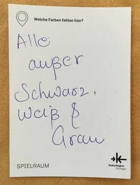 Postkarte mit Ideen von Besucher:innen des Bauwagens im Rahmen des Projekts SPIEL:RAUM der KulturRegion Stuttgart 2021-2022