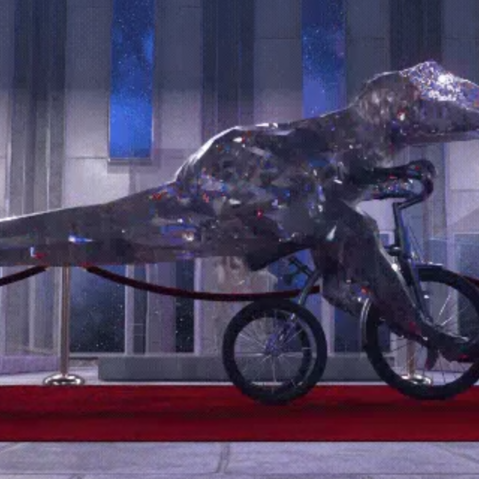 Ein silberner Dino aus schimmerndem Material fährt auf einem Fahrrad über einen roten Teppich in einem futuristischen Raum.