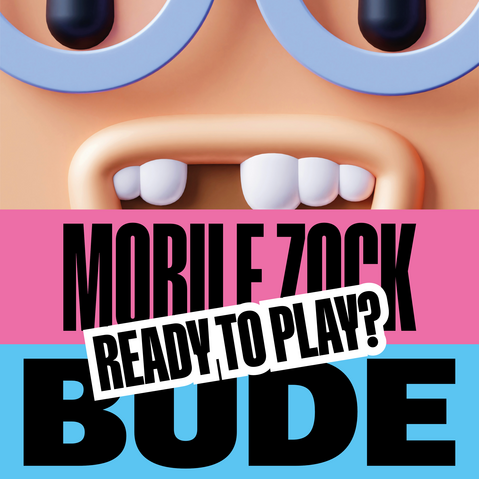 Großes, cartoonhaftes Gesicht mit offenem Mund und sichtbaren Zähnen über dem Text 'MOBILE ZOCK BUDE' und dem darübergelegten Schriftzug 'READY TO PLAY?'
