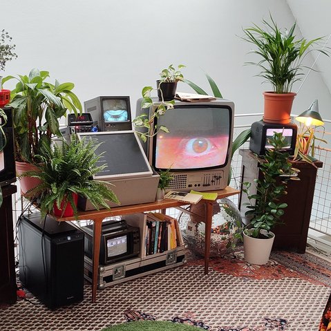 Mehrere Zimmerpflanzen stehen auf und um alte Fernseher und elektronische Geräte in einem Raum mit gemustertem Bodenbelag