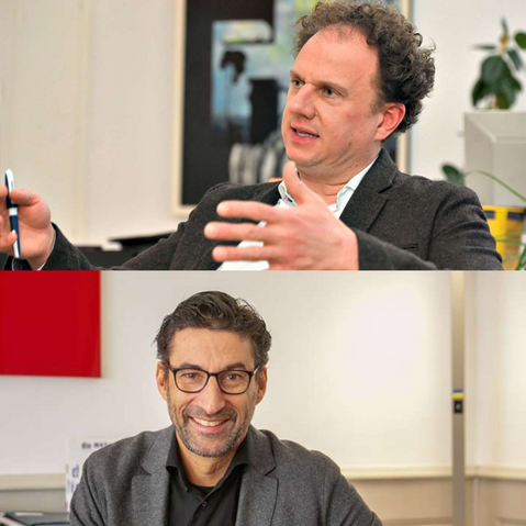 Zweiteiliges Bild mit zwei Oberbürgermeistern im Interview. Oben: OB Dr. Knecht mit lockigem Haar, Sakkoträger, spricht gestikulierend in einem Büro mit Kunst an der Wand. Unten: OB Klopfer mit Brille und dunklem Haar lächelt in die Kamera, ebenfalls im Büro. In der Mitte des Bildes steht in einem Sprechblasen-Design: „Interview – Oberbürgermeister setzen sich ein – ›Kultur ist ein Kitt für die Gesellschaft‹“