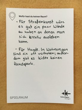 Postkarte mit Ideen von Besucher:innen des Bauwagens im Rahmen des Projekts SPIEL:RAUM der KulturRegion Stuttgart 2021-2022